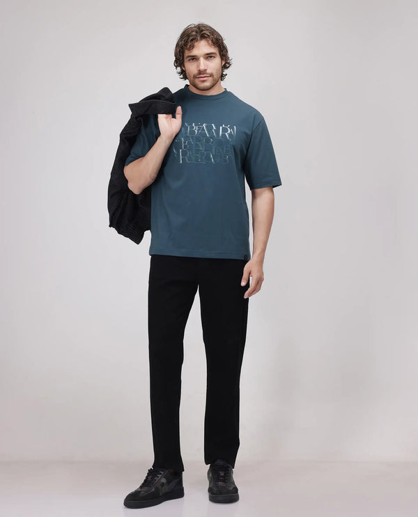 Rare Rabbit Men Ovem Dusky Teal Cotton Blend Fabric Short Sleeve Crew Neck Qlo Fit Graphic Print T-Shirt