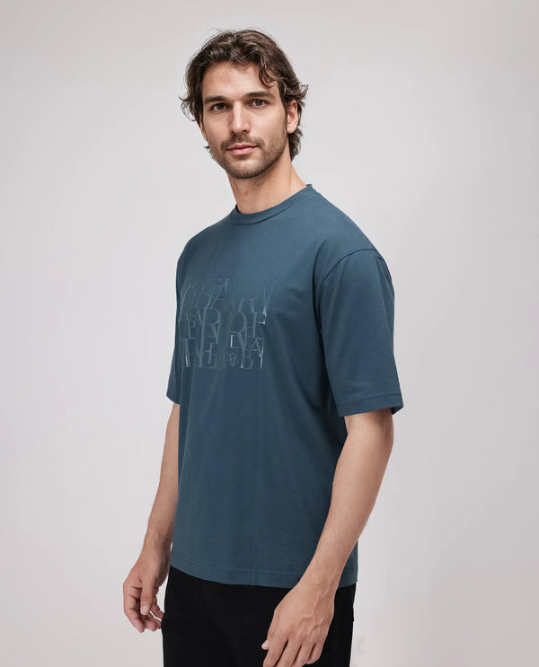 Rare Rabbit Men Ovem Dusky Teal Cotton Blend Fabric Short Sleeve Crew Neck Qlo Fit Graphic Print T-Shirt