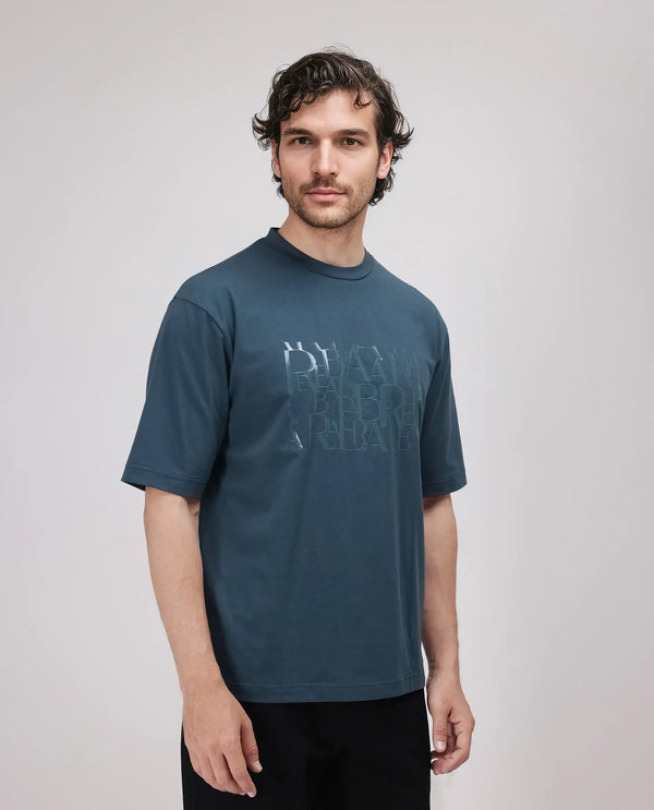 Rare Rabbit Men Ovem Dusky Teal Cotton Blend Fabric Short Sleeve Crew Neck Qlo Fit Graphic Print T-Shirt