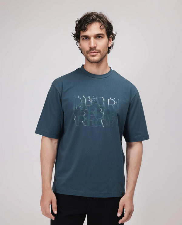 Rare Rabbit Men Ovem Dusky Teal Cotton Blend Fabric Short Sleeve Crew Neck Qlo Fit Graphic Print T-Shirt