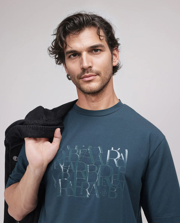 Rare Rabbit Men Ovem Dusky Teal Cotton Blend Fabric Short Sleeve Crew Neck Qlo Fit Graphic Print T-Shirt