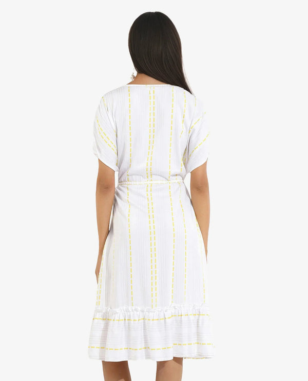 Rareism Women's Oxaca White  V-Neck Tie-Up Closure Extended Sleeve Striped Fit And Flare Knee Length Dress