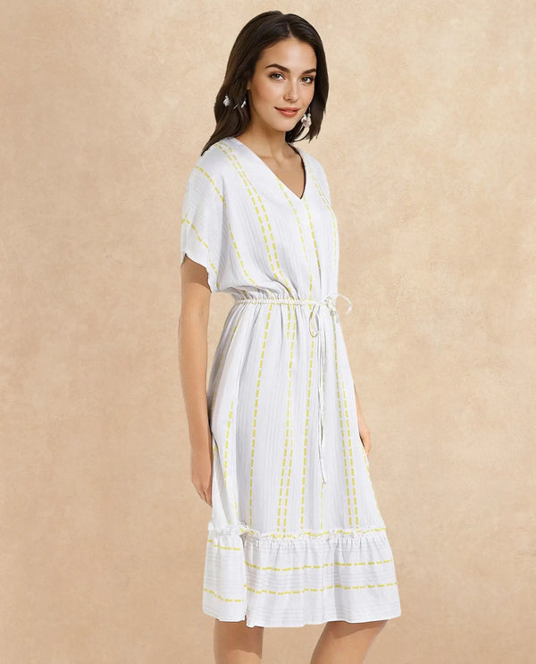 Rareism Women's Oxaca White  V-Neck Tie-Up Closure Extended Sleeve Striped Fit And Flare Knee Length Dress