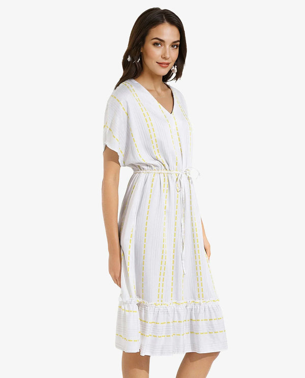 Rareism Women's Oxaca White  V-Neck Tie-Up Closure Extended Sleeve Striped Fit And Flare Knee Length Dress