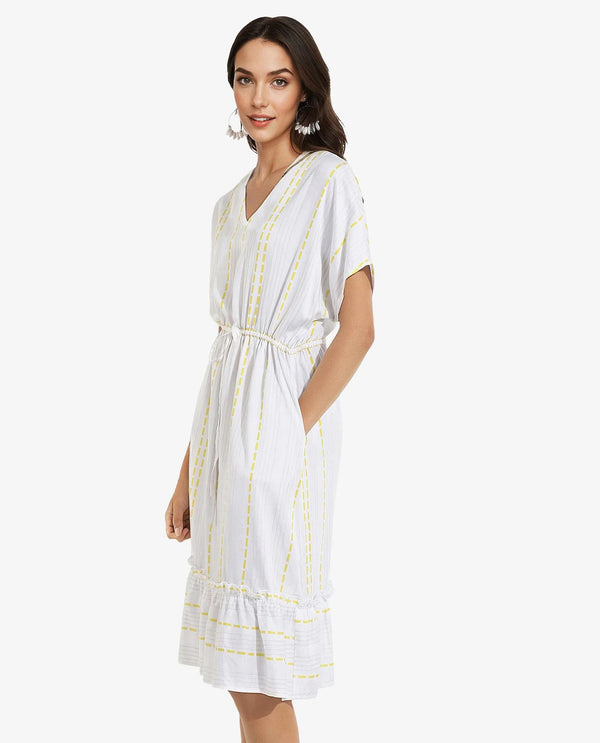 Rareism Women's Oxaca White  V-Neck Tie-Up Closure Extended Sleeve Striped Fit And Flare Knee Length Dress