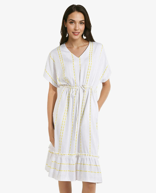 Rareism Women's Oxaca White  V-Neck Tie-Up Closure Extended Sleeve Striped Fit And Flare Knee Length Dress