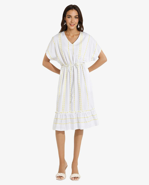 Rareism Women's Oxaca White  V-Neck Tie-Up Closure Extended Sleeve Striped Fit And Flare Knee Length Dress