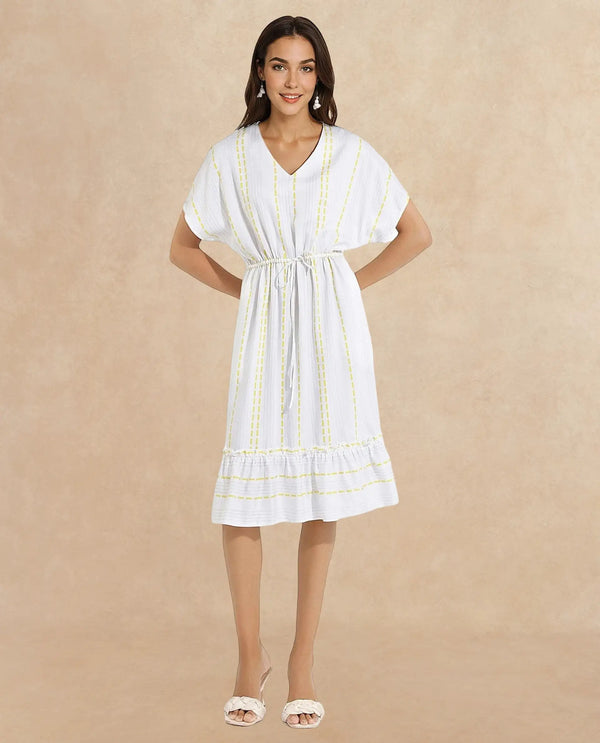 Rareism Women's Oxaca White  V-Neck Tie-Up Closure Extended Sleeve Striped Fit And Flare Knee Length Dress