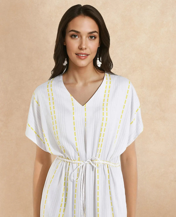 Rareism Women's Oxaca White  V-Neck Tie-Up Closure Extended Sleeve Striped Fit And Flare Knee Length Dress