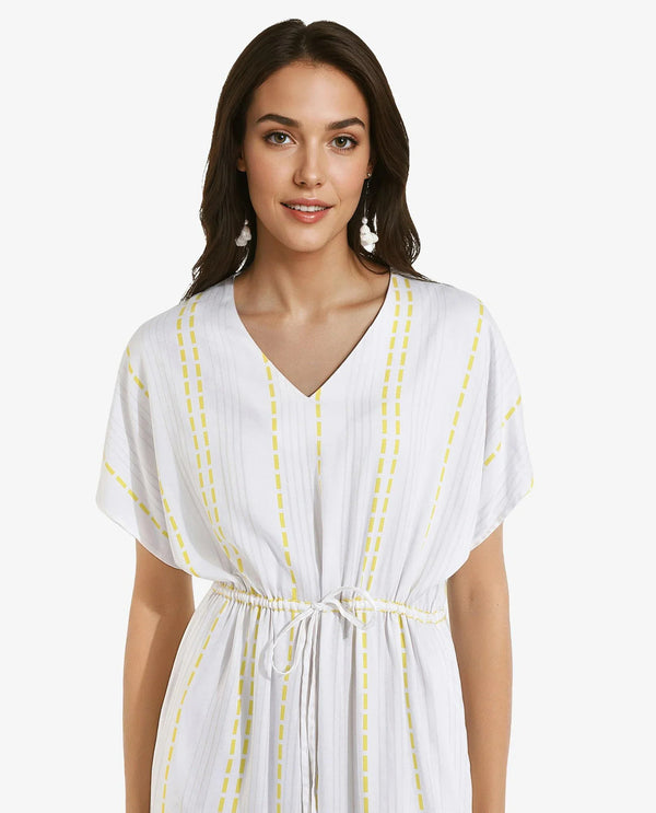 Rareism Women's Oxaca White  V-Neck Tie-Up Closure Extended Sleeve Striped Fit And Flare Knee Length Dress