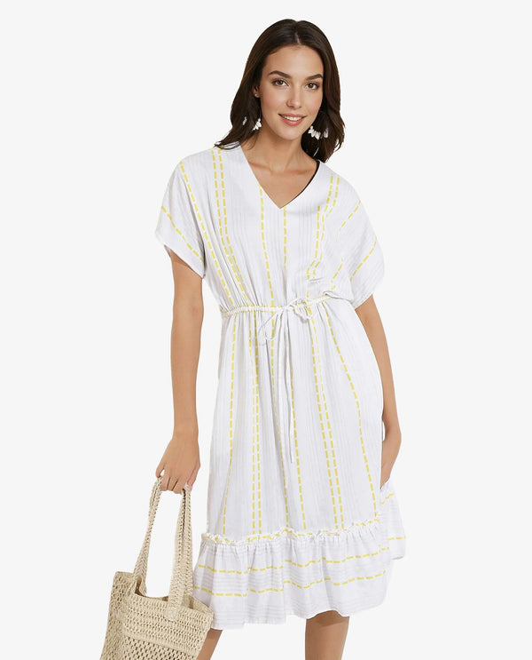 Rareism Women's Oxaca White  V-Neck Tie-Up Closure Extended Sleeve Striped Fit And Flare Knee Length Dress