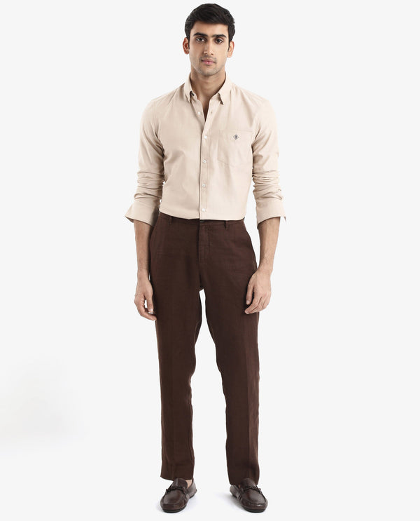 Rare Rabbit Men's Oxfom Beige Cotton Polyester Fabric Full Sleeves Button Down Collar Regular Fit Plain Formal Shirt