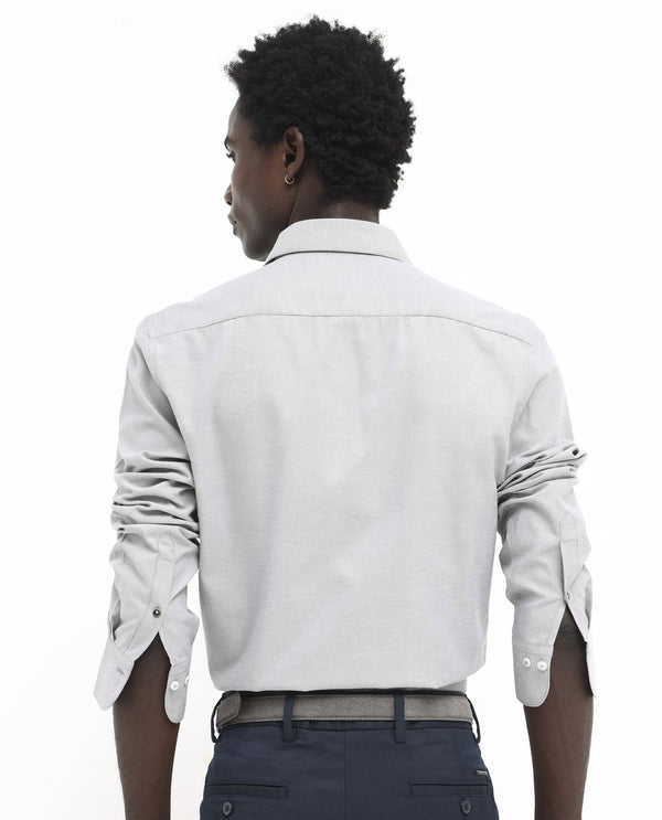 Rare Rabbit Men's Oxfom Grey Cotton Polyester Fabric Full Sleeves Button Down Collar Regular Fit Plain Formal Shirt