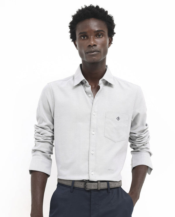 Rare Rabbit Men's Oxfom Grey Cotton Polyester Fabric Full Sleeves Button Down Collar Regular Fit Plain Formal Shirt
