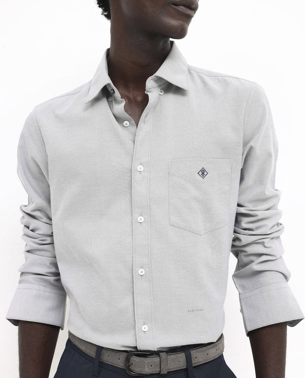Rare Rabbit Men's Oxfom Grey Cotton Polyester Fabric Full Sleeves Button Down Collar Regular Fit Plain Formal Shirt