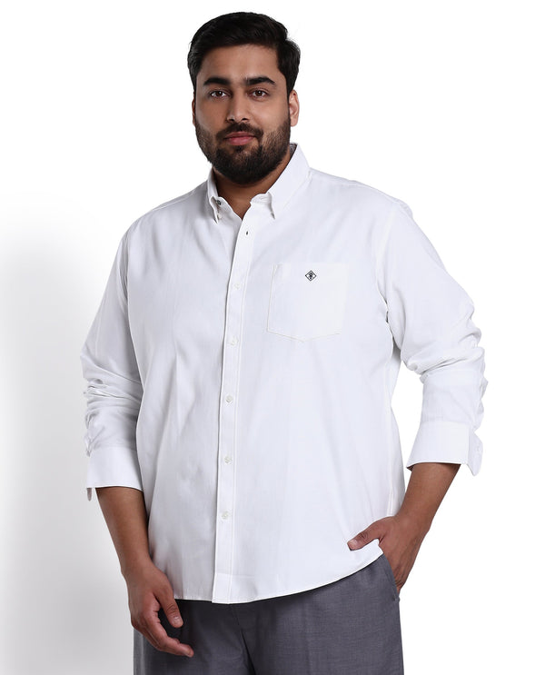 Rare Rabbit Men's Oxfom White Cotton Polyester Fabric Full Sleeves Button Down Collar Plus Size Fit Plain Formal Shirt