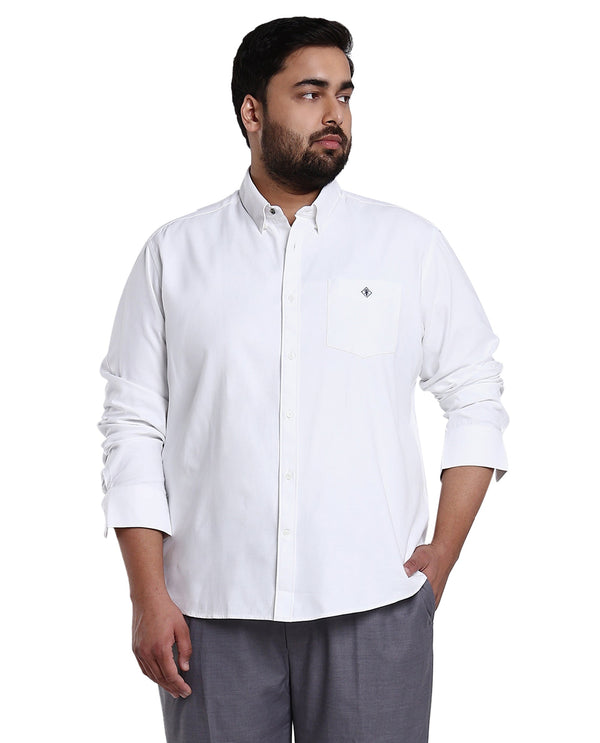 Rare Rabbit Men's Oxfom White Cotton Polyester Fabric Full Sleeves Button Down Collar Plus Size Fit Plain Formal Shirt
