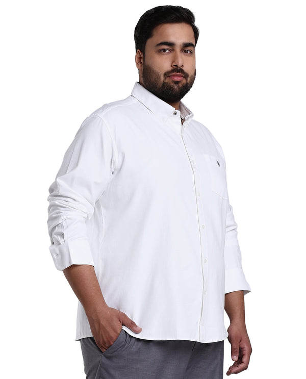 Rare Rabbit Men's Oxfom White Cotton Polyester Fabric Full Sleeves Button Down Collar Plus Size Fit Plain Formal Shirt
