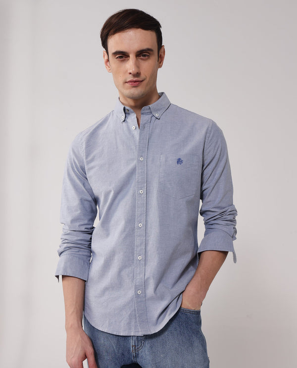 Rare Rabbit Men Oxob Dusky Blue Full Sleeve Collared Neck Button Closure Regular Fit Plain Shirt