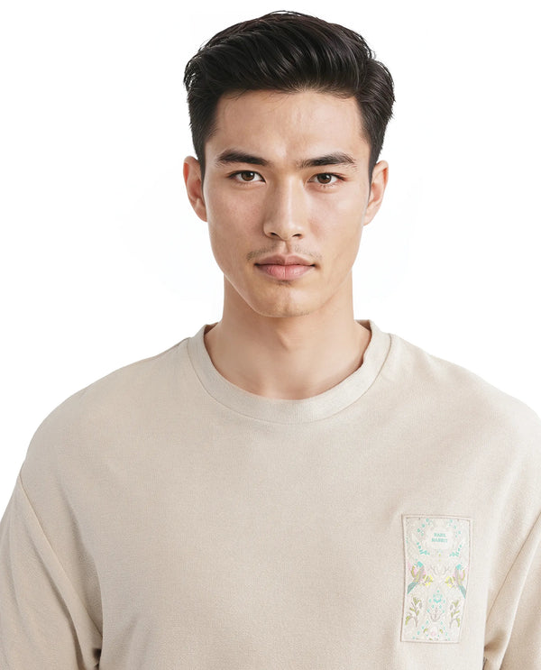 Rare Rabbit Men Oxo Beige Cotton Fabric Short Sleeve Crew Neck Embroidered T-Shirt