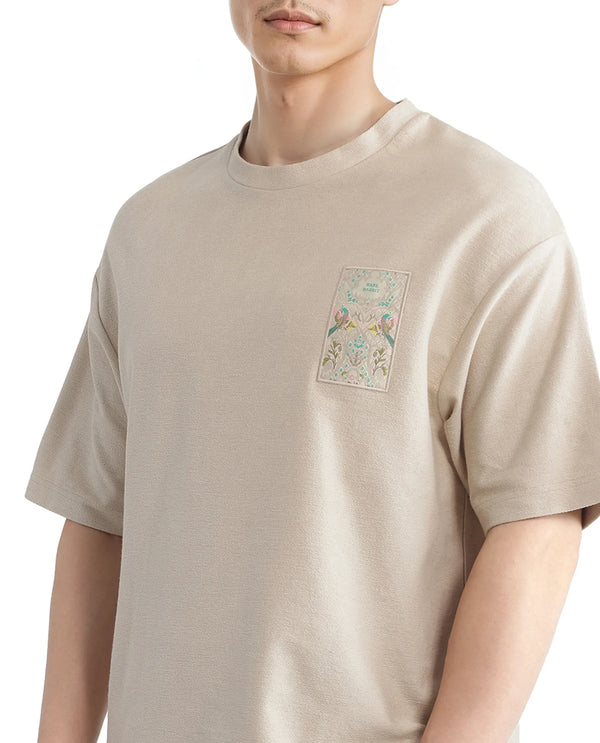 Rare Rabbit Men Oxo Beige Cotton Fabric Short Sleeve Crew Neck Embroidered T-Shirt