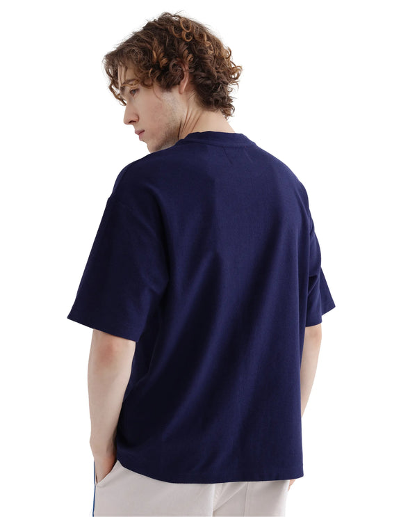Rare Rabbit Men Oxo Dark Blue Cotton Fabric Short Sleeve Crew Neck Embroidered T-Shirt