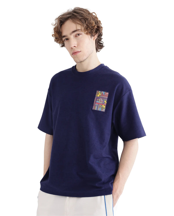Rare Rabbit Men Oxo Dark Blue Cotton Fabric Short Sleeve Crew Neck Embroidered T-Shirt