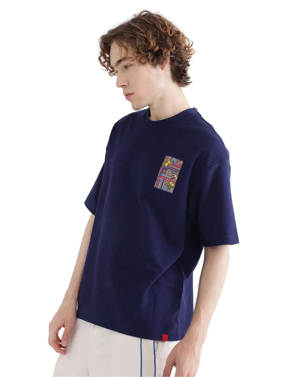 Rare Rabbit Men Oxo Dark Blue Cotton Fabric Short Sleeve Crew Neck Embroidered T-Shirt
