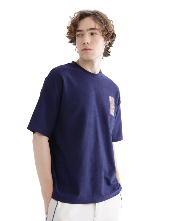 Rare Rabbit Men Oxo Dark Blue Cotton Fabric Short Sleeve Crew Neck Embroidered T-Shirt
