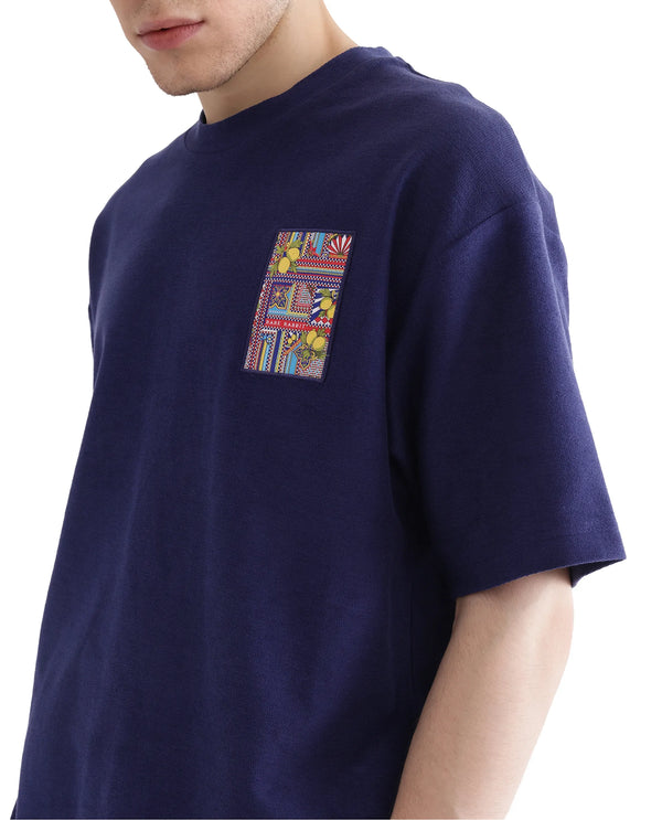 Rare Rabbit Men Oxo Dark Blue Cotton Fabric Short Sleeve Crew Neck Embroidered T-Shirt