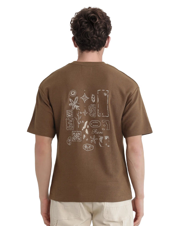 Rare Rabbit Men Oxot Dusky Olive Cotton Fabric Short Sleeve Crew Neck Textured Embroidered T-Shirt