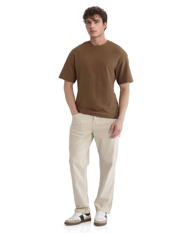 Rare Rabbit Men Oxot Dusky Olive Cotton Fabric Short Sleeve Crew Neck Textured Embroidered T-Shirt