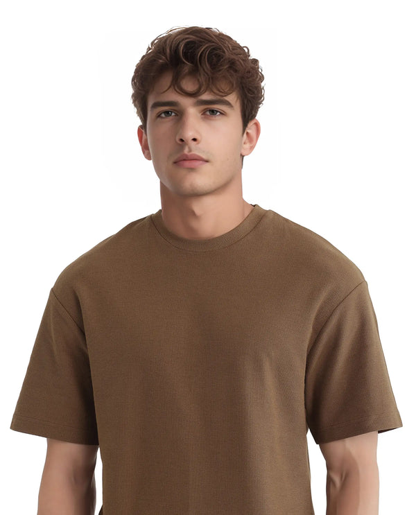 Rare Rabbit Men Oxot Dusky Olive Cotton Fabric Short Sleeve Crew Neck Textured Embroidered T-Shirt