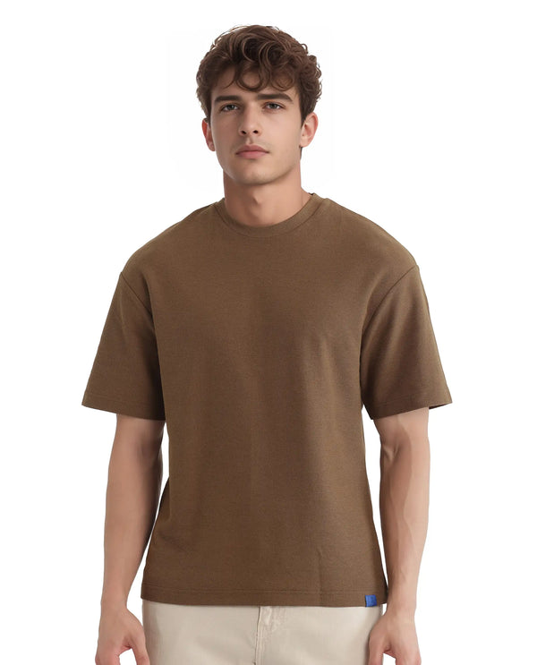 Rare Rabbit Men Oxot Dusky Olive Cotton Fabric Short Sleeve Crew Neck Textured Embroidered T-Shirt