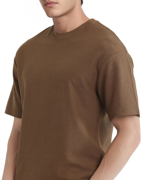 Rare Rabbit Men Oxot Dusky Olive Cotton Fabric Short Sleeve Crew Neck Textured Embroidered T-Shirt