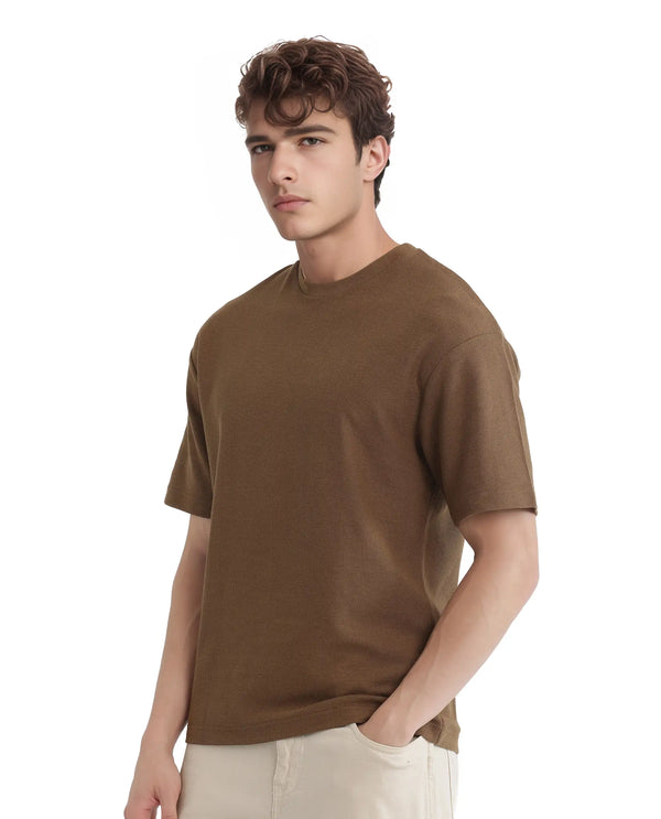 Rare Rabbit Men Oxot Dusky Olive Cotton Fabric Short Sleeve Crew Neck Textured Embroidered T-Shirt