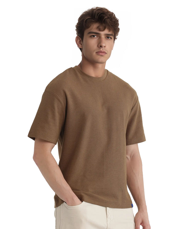 Rare Rabbit Men Oxot Dusky Olive Cotton Fabric Short Sleeve Crew Neck Textured Embroidered T-Shirt