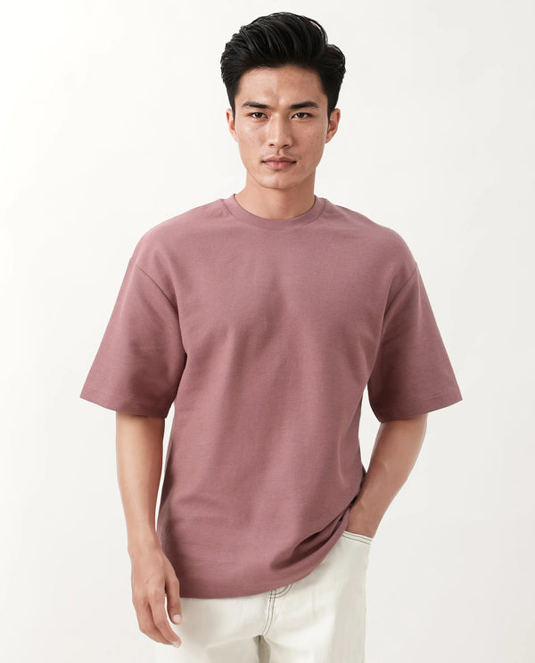 Rare Rabbit Men Oxot Dusky Pink Cotton Fabric Short Sleeve Crew Neck Embroidered T-Shirt
