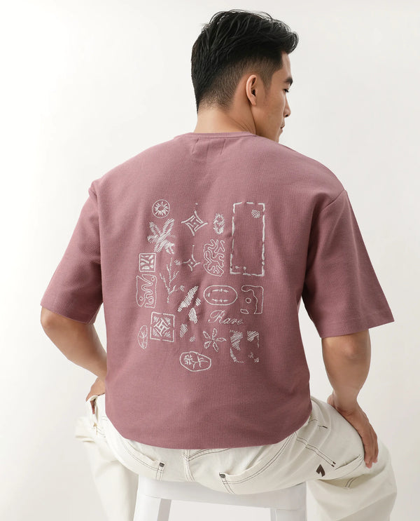 Rare Rabbit Men Oxot Dusky Pink Cotton Fabric Short Sleeve Crew Neck Embroidered T-Shirt