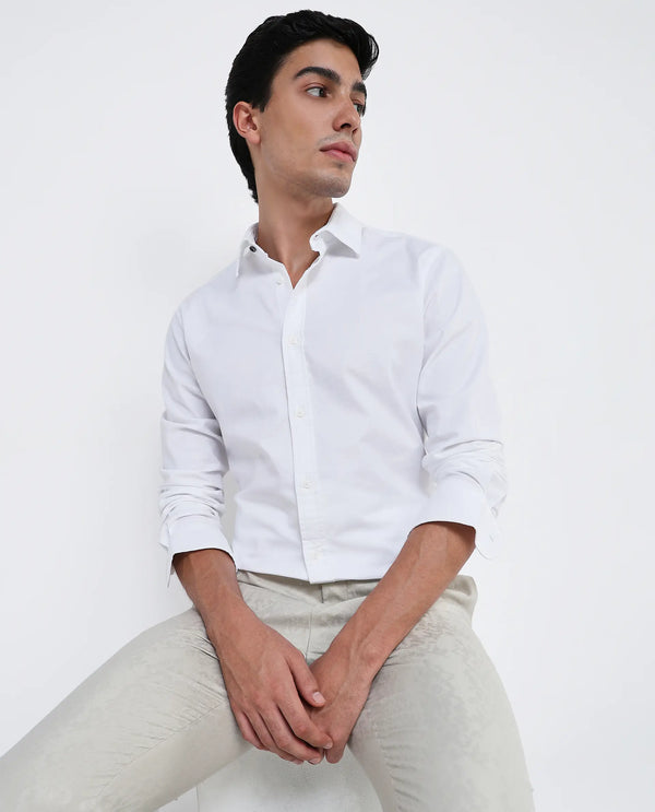Rare Rabbit Men Oxo White Full Sleeve Collared Neck Button Closure Regular Fit Plain Shirt
