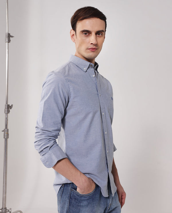 Rare Rabbit Men Oxob Dusky Blue Full Sleeve Collared Neck Button Closure Regular Fit Plain Shirt