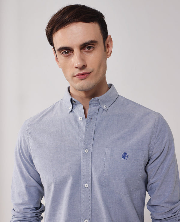 Rare Rabbit Men Oxob Dusky Blue Full Sleeve Collared Neck Button Closure Regular Fit Plain Shirt