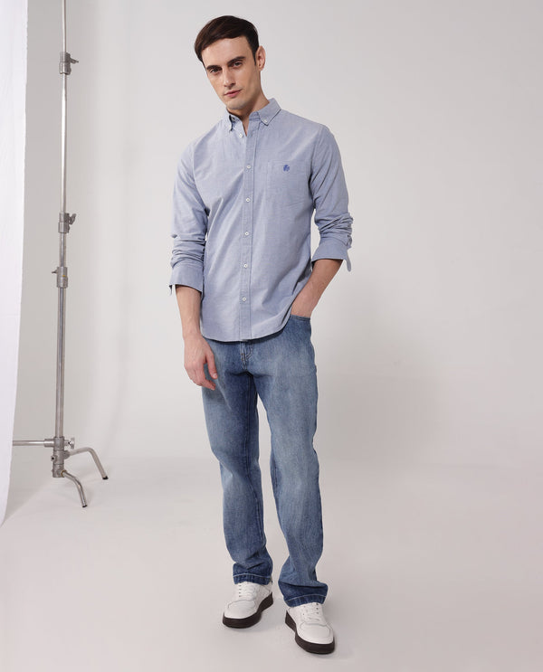 Rare Rabbit Men Oxob Dusky Blue Full Sleeve Collared Neck Button Closure Regular Fit Plain Shirt