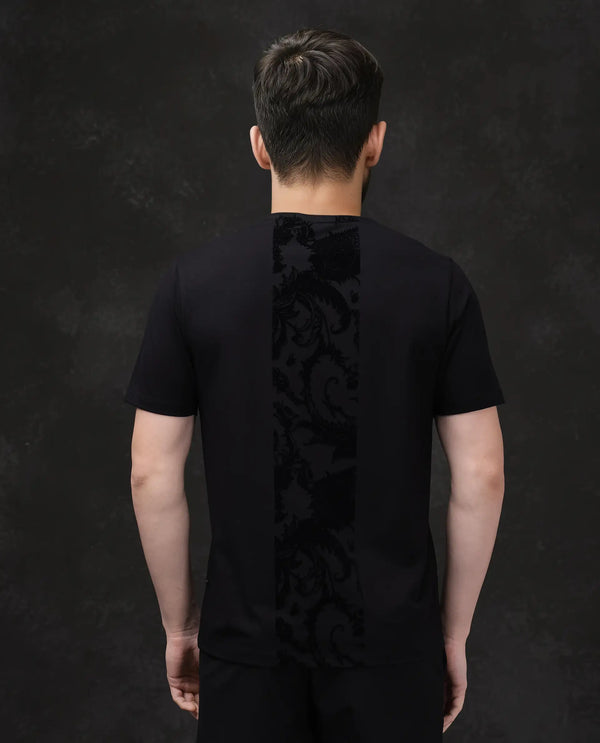 Rare Rabbit Men Paig Black Cotton Blend Fabric Short Sleeve Crew Neck Relaxed Fit Flock Backprint T-Shirt