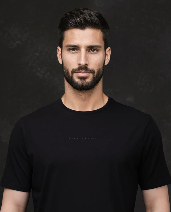 Rare Rabbit Men Paig Black Cotton Blend Fabric Short Sleeve Crew Neck Relaxed Fit Flock Backprint T-Shirt