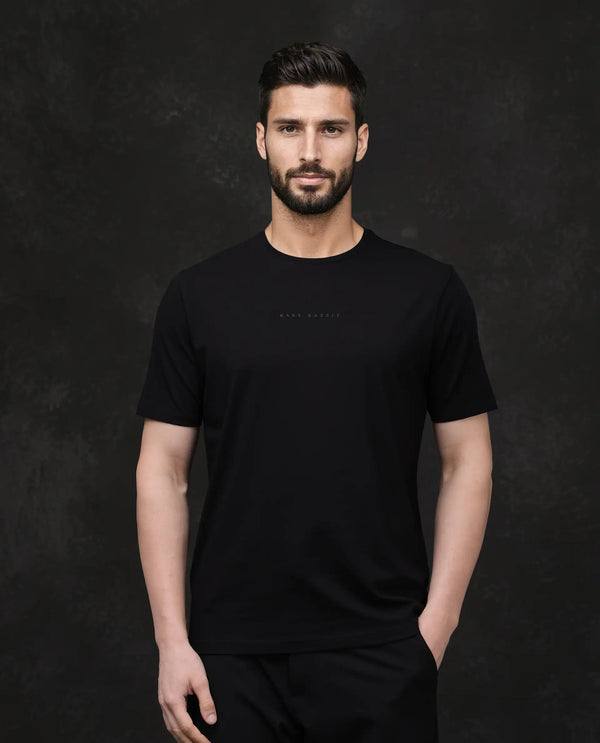 Rare Rabbit Men Paig Black Cotton Blend Fabric Short Sleeve Crew Neck Relaxed Fit Flock Backprint T-Shirt