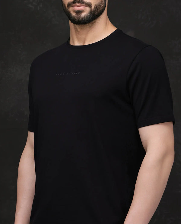 Rare Rabbit Men Paig Black Cotton Blend Fabric Short Sleeve Crew Neck Relaxed Fit Flock Backprint T-Shirt
