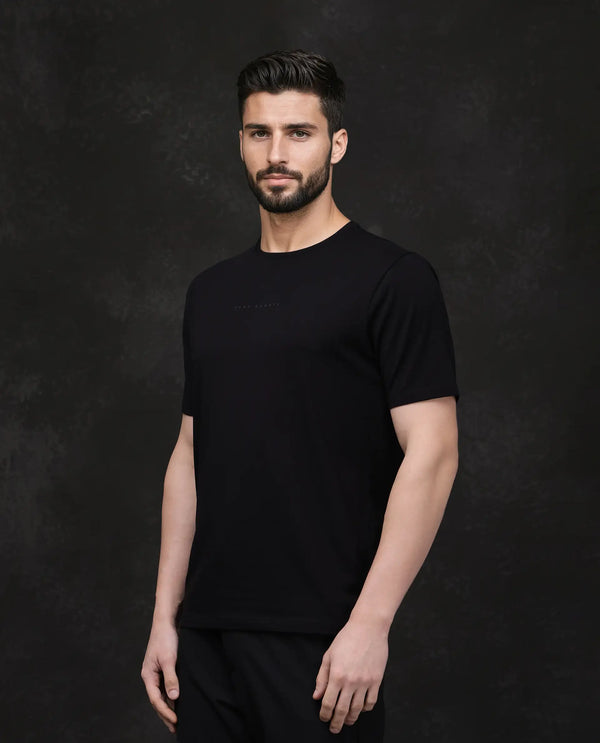 Rare Rabbit Men Paig Black Cotton Blend Fabric Short Sleeve Crew Neck Relaxed Fit Flock Backprint T-Shirt