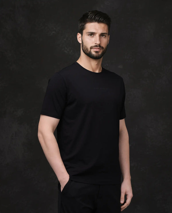Rare Rabbit Men Paig Black Cotton Blend Fabric Short Sleeve Crew Neck Relaxed Fit Flock Backprint T-Shirt