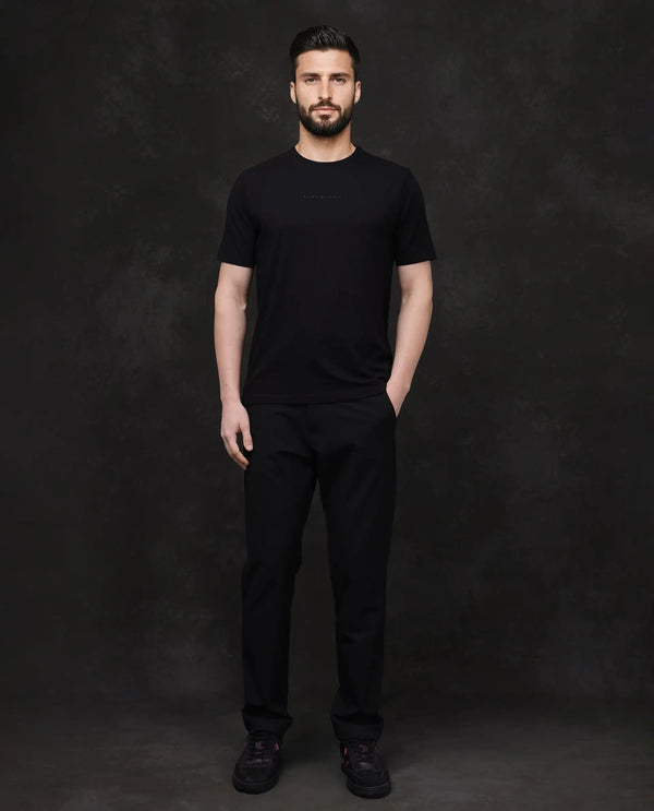 Rare Rabbit Men Paig Black Cotton Blend Fabric Short Sleeve Crew Neck Relaxed Fit Flock Backprint T-Shirt